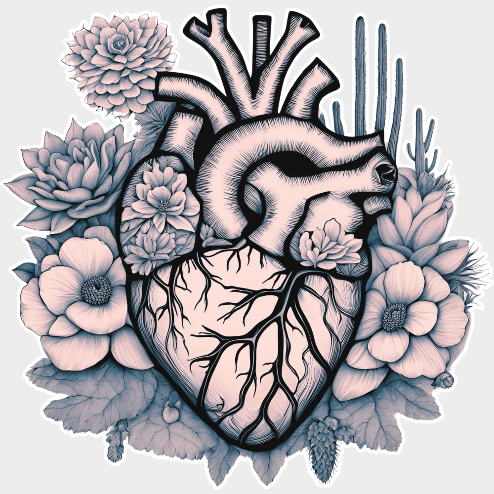 B&W Heart & Flowers - Cardiac Nurse DTF Transfers Adult Unisex - S & M (10’’) / Light Color Design (See Imaging)