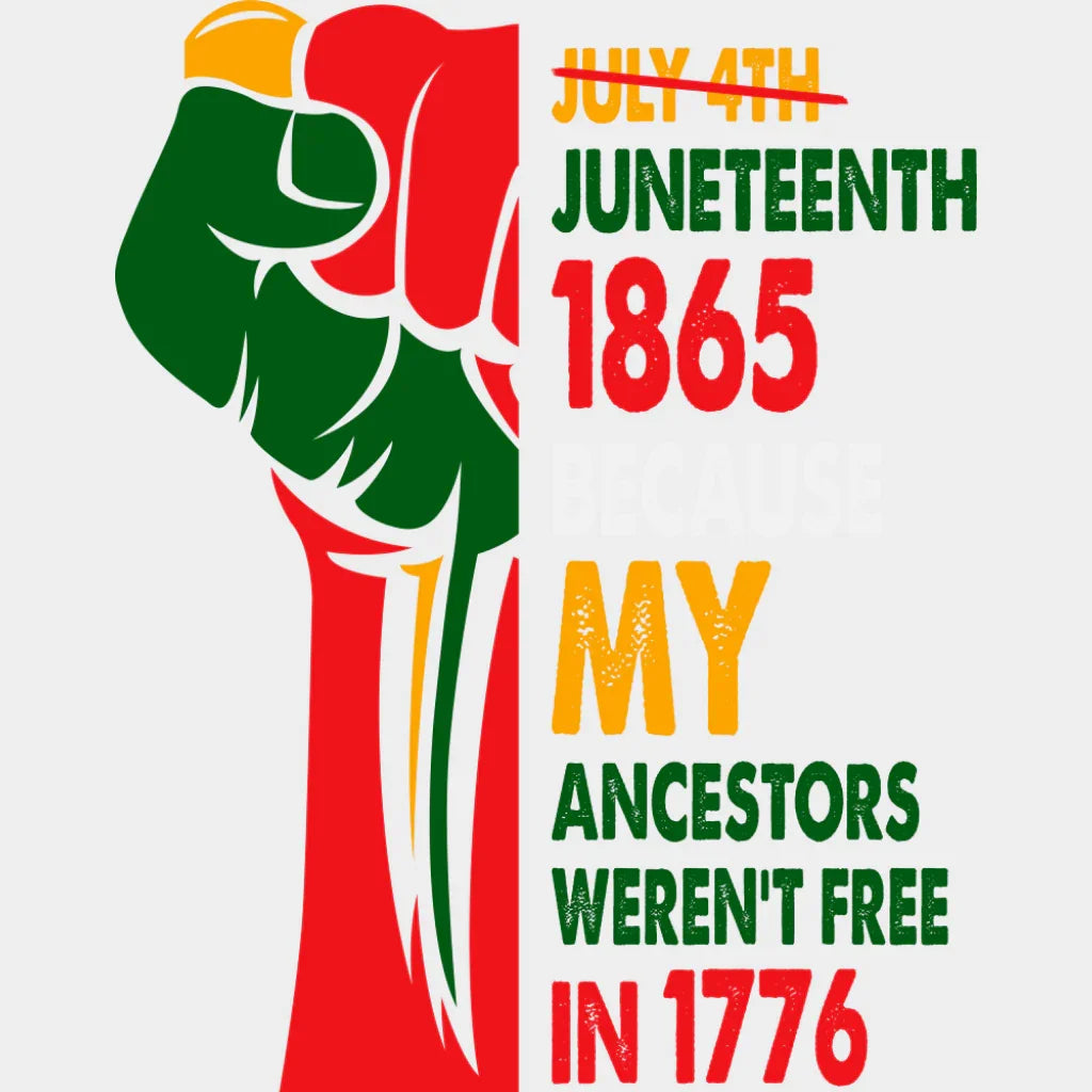 Because My Ancestors Weren’t Free In 1776 - Juneteenth DTF Transfer Adult Unisex - S & M (10’’) / Light Color Design
