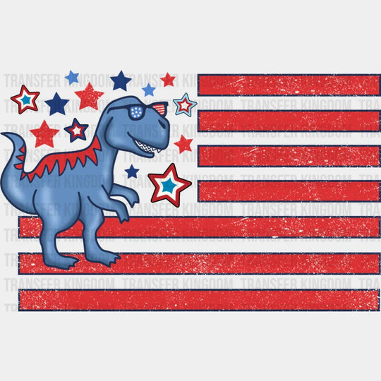 Blue Dinosaur US Flag Red Design - 4th Of July DTF Transfer