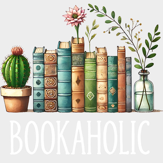 Bookaholic Books & Cactus - Reading DTF Transfers Adult Unisex - S & M (10’’) / Light Color Design (See Imaging)