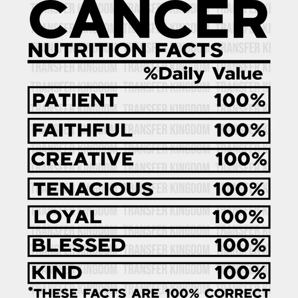 Cancer Nutrition Facts - Zodiac & Horoscopes Dtf Heat Transfer Unisex S M (10’’) / Dark Color