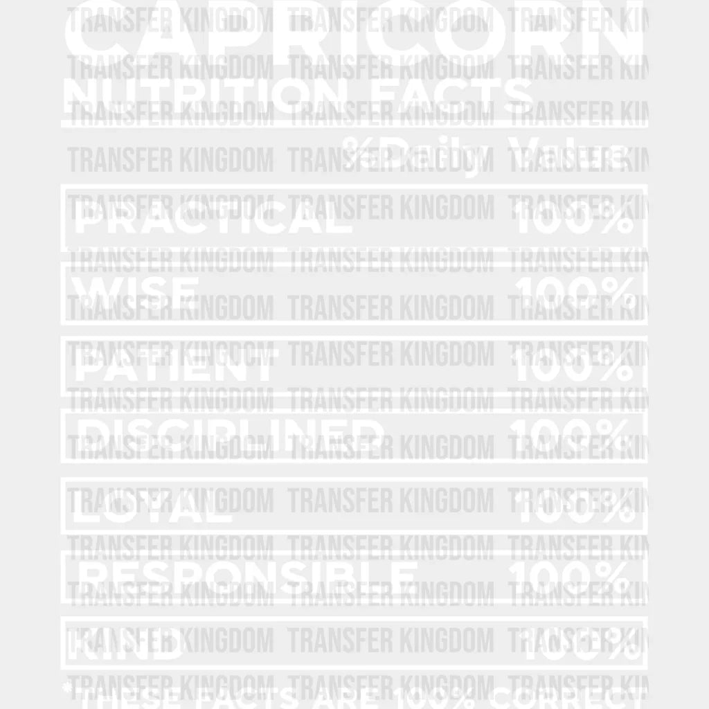 Capricorn Nutrition Facts - Zodiac & Horoscopes Dtf Heat Transfer Unisex S M (10’’) / Light