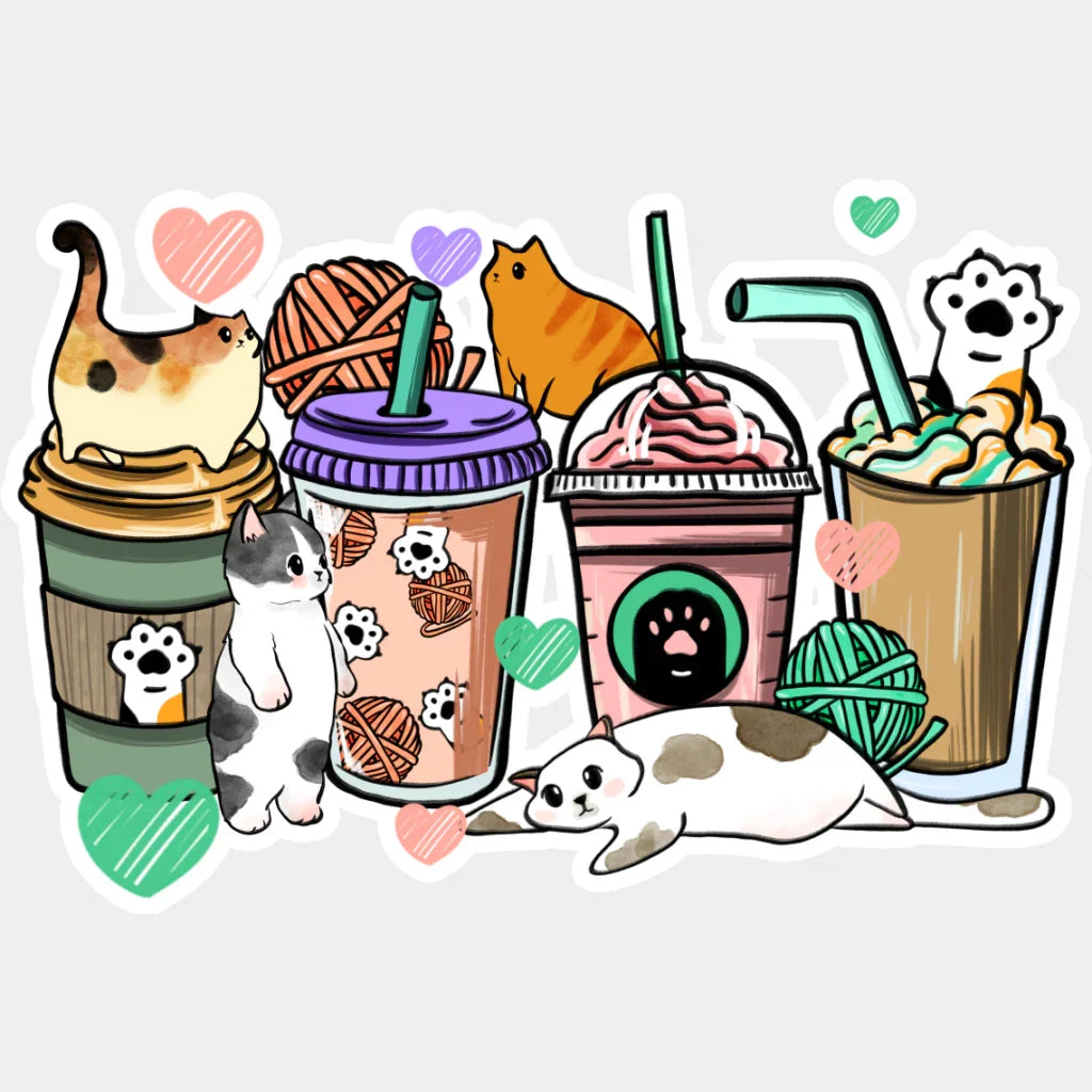 Cats And Drinks - Cat DTF Transfer Adult Unisex - S & M (10’’) / Light Color Design (See Imaging)