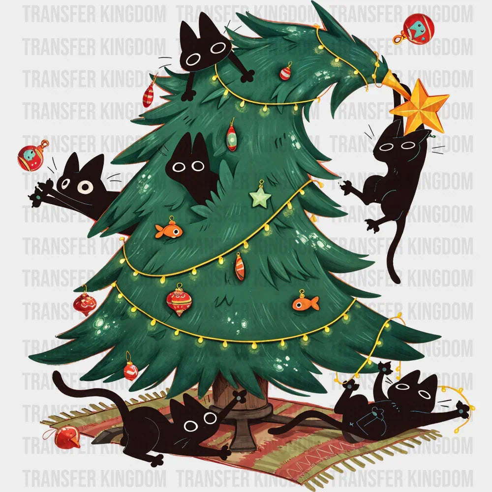Cats With Christmas Tree - Christmas DTF Transfer Adult Unisex - S & M (10’’) / Dark Color Design (See Imaging)