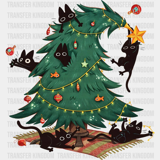 Cats With Christmas Tree - Christmas DTF Transfer Adult Unisex - S & M (10’’) / Dark Color Design (See Imaging)