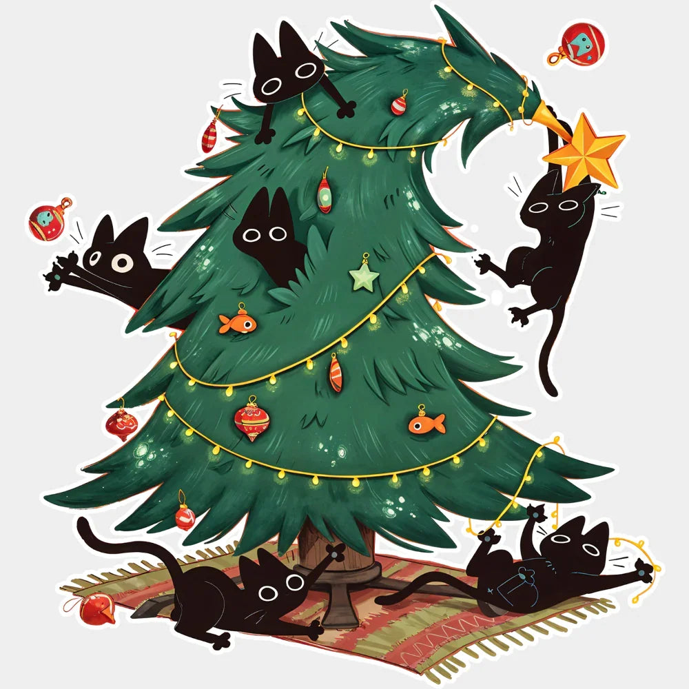 Cats With Christmas Tree - Christmas DTF Transfer Adult Unisex - S & M (10’’) / Light Color Design (See Imaging)