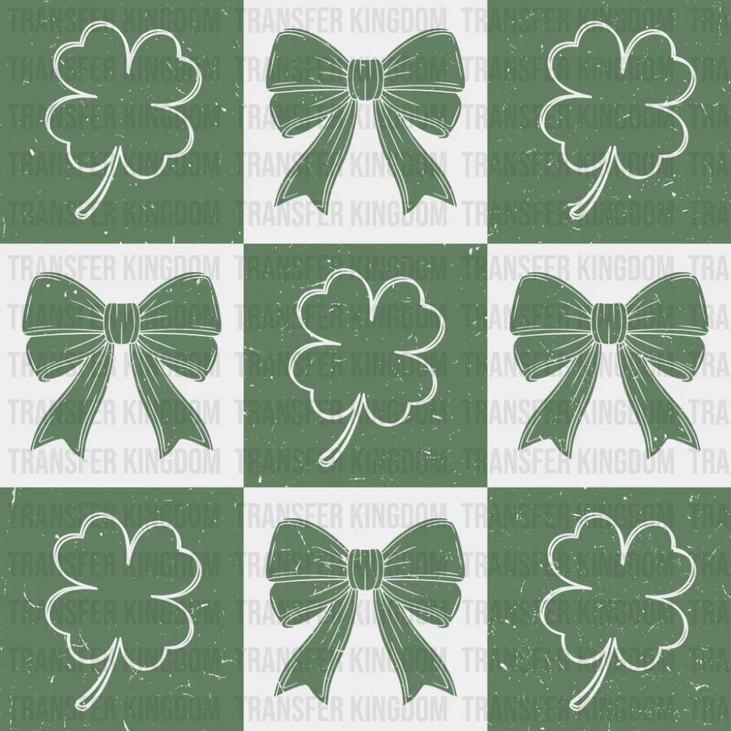 Checker Board Clovers And Ribbons - St. Patrick’s Day DTF Transfer Adult Unisex - S & M (10’’) / Green Color Design