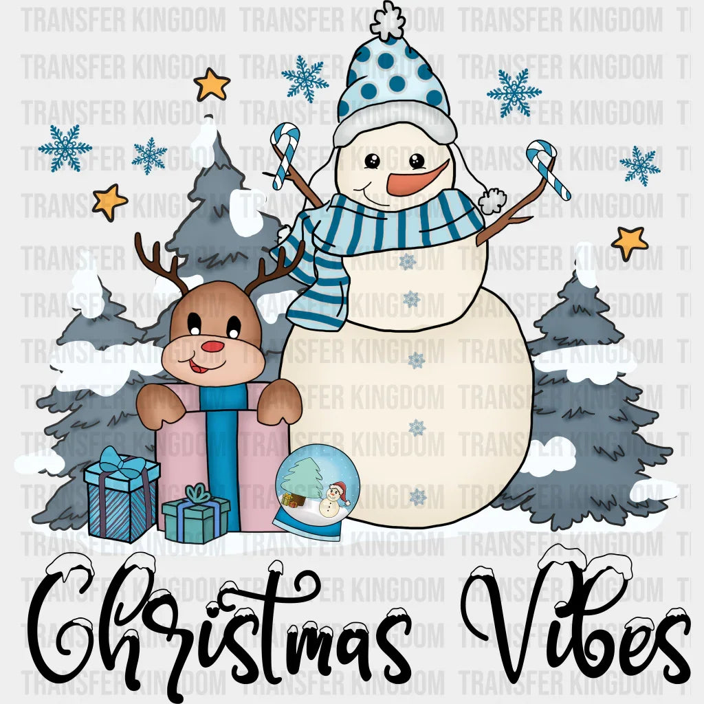 Christmas Vibes Snowman And Reindeer - Winter Dtf Transfer Unisex S & M (10’’) / Dark Color