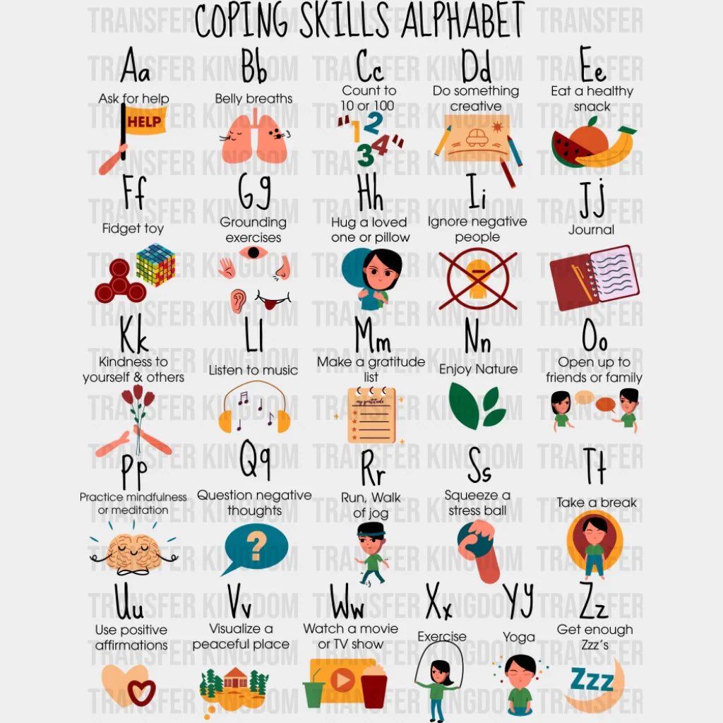 Coping Skills Alphabet - Teachers DTF Transfer Adult Unisex - S & M (10’’) / Dark Color Design (See Imaging)
