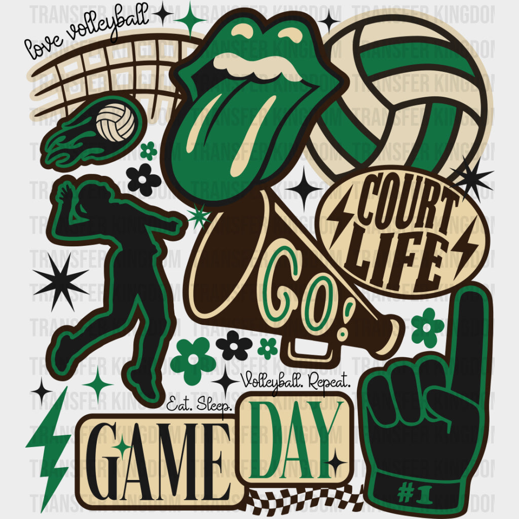 Court Life Game Day Go Green Design - Volleyball DTF Transfers Adult Unisex - S & M (10’’) / Dark Color Design (See