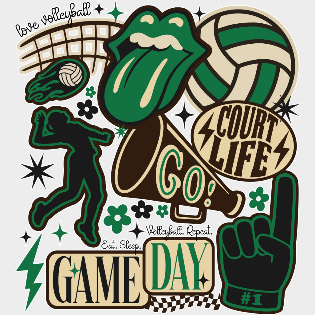 Court Life Game Day Go Green Design - Volleyball DTF Transfers Adult Unisex - S & M (10’’) / Light Color Design (See