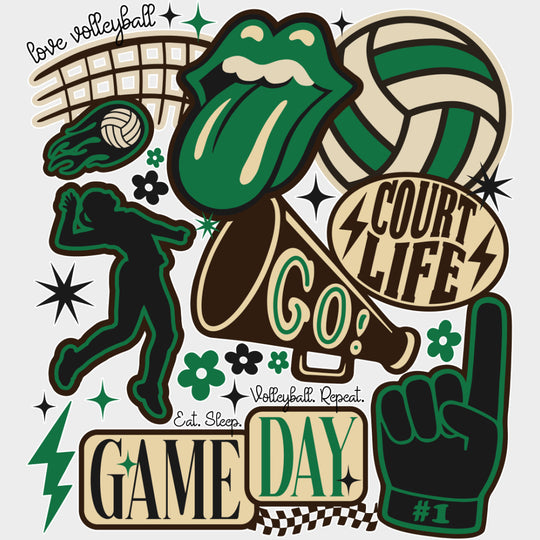 Court Life Game Day Go Green Design - Volleyball DTF Transfers Adult Unisex - S & M (10’’) / Light Color Design (See