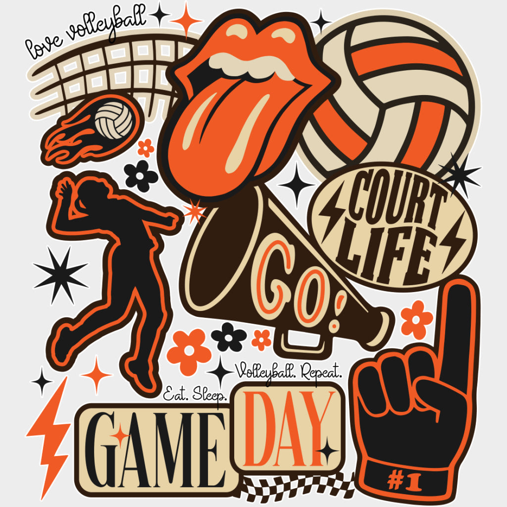 Court Life Game Day Go! - Volleyball DTF Transfers Adult Unisex - S & M (10’’) / Light Color Design (See Imaging)