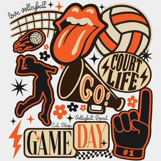 Court Life Game Day Go! - Volleyball DTF Transfers Adult Unisex - S & M (10’’) / Light Color Design (See Imaging)