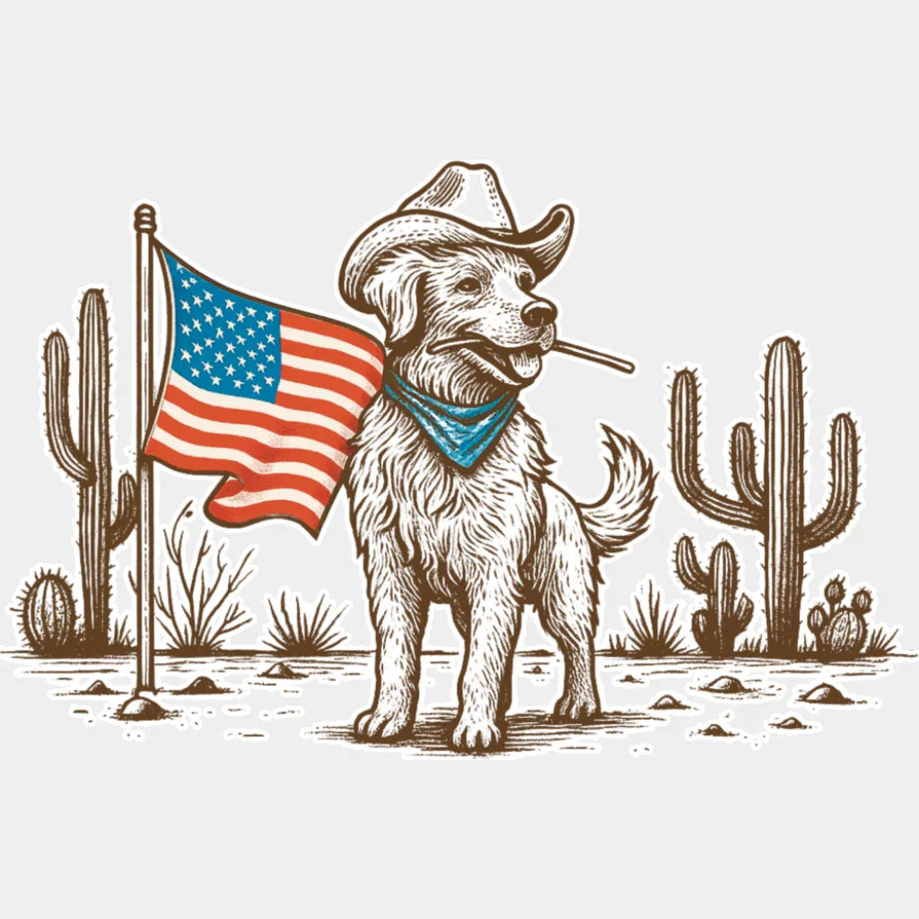Cowboy Dog US Flag - 4th Of July DTF Transfer Adult Unisex - S & M (10’’) / Light Color Design (See Imaging)