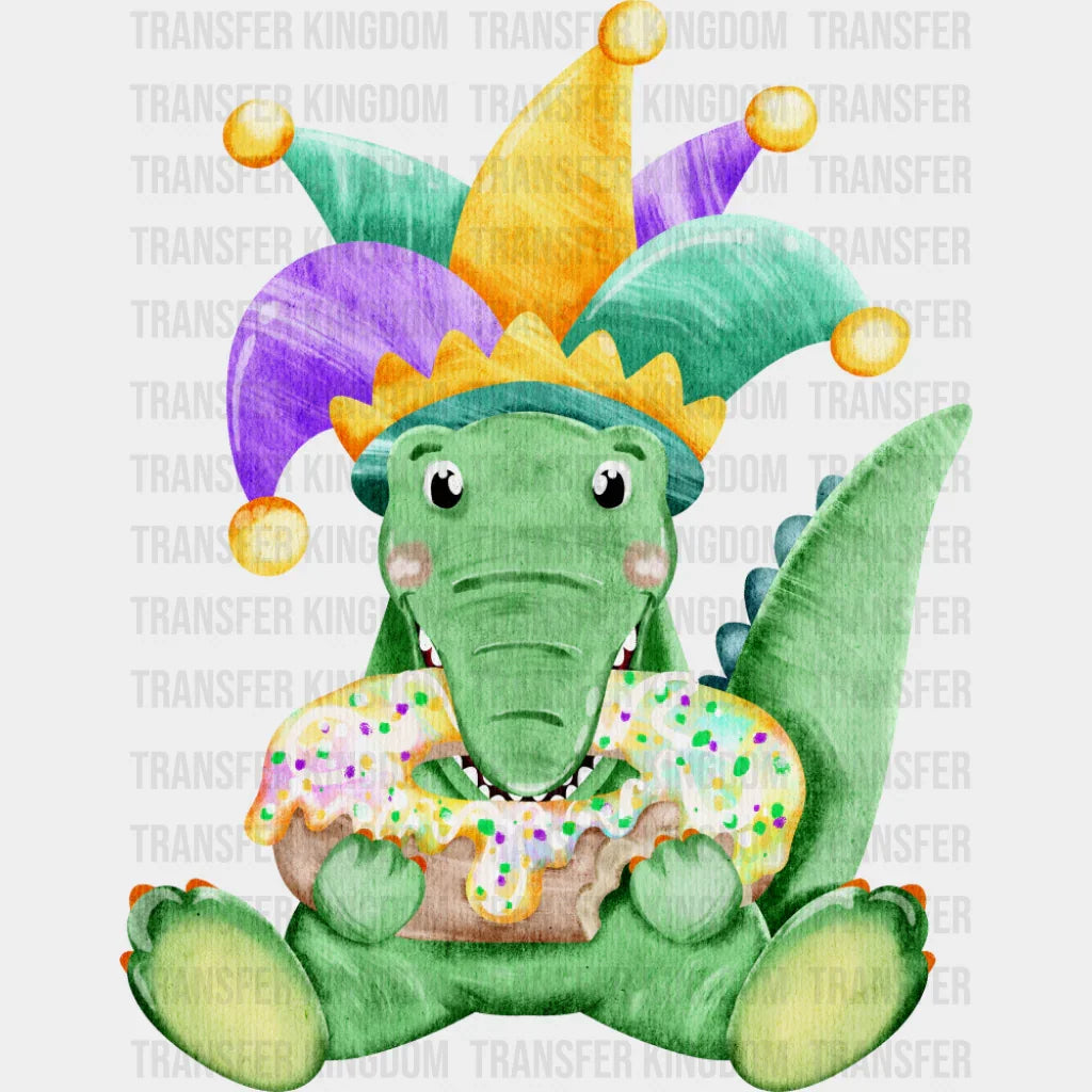 Cute Alligator Eating Donut - Mardi Gras DTF Transfer Adult Unisex - S & M (10’’) / Dark Color Design (See Imaging)