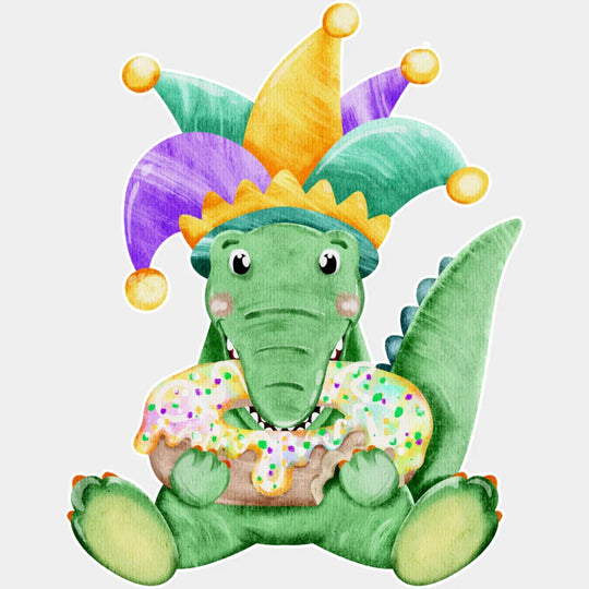 Cute Alligator Eating Donut - Mardi Gras DTF Transfer Adult Unisex - S & M (10’’) / Light Color Design (See Imaging)