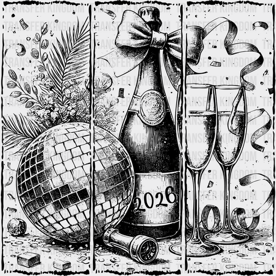 Disco Ball Champagne - New Year DTF Transfer Adult Unisex - S & M (10’’) / Dark Color Design (See Imaging)