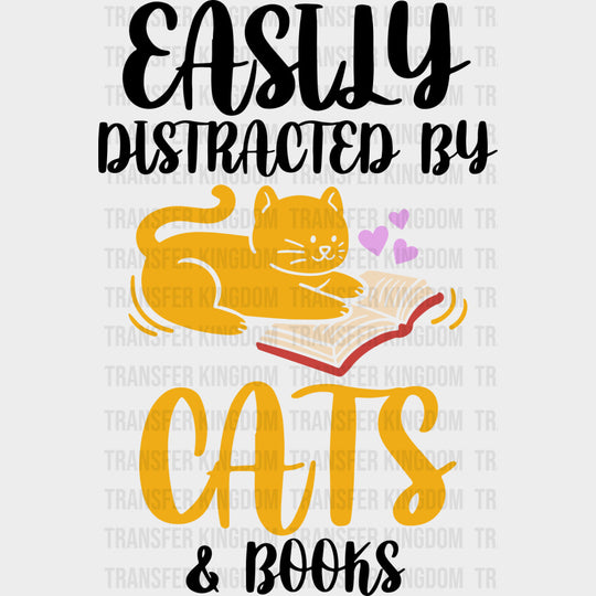Easily Distracted By Cats & Books - Librarian DTF Transfers Adult Unisex - S & M (10’’) / Dark Color Design (See