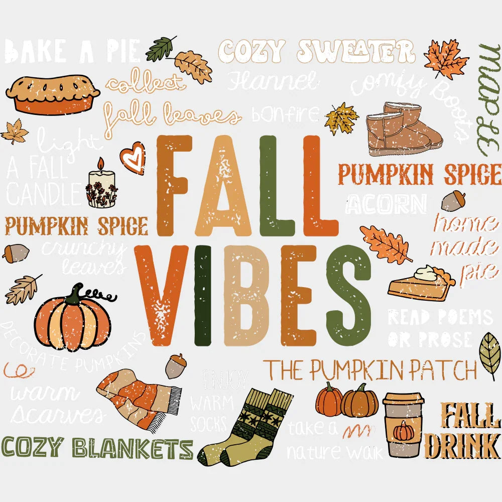 Fall Vibes B&W - Fall DTF Transfer Adult Unisex - S & M (10’’) / Light Color Design (See Imaging)