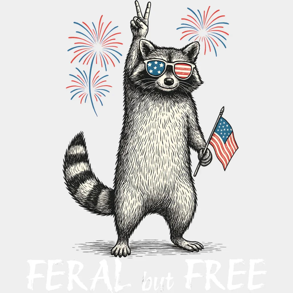 Feral But Free Raccoon Design - 4th Of July DTF Transfer Adult Unisex - S & M (10’’) / Light Color Design (See Imaging)