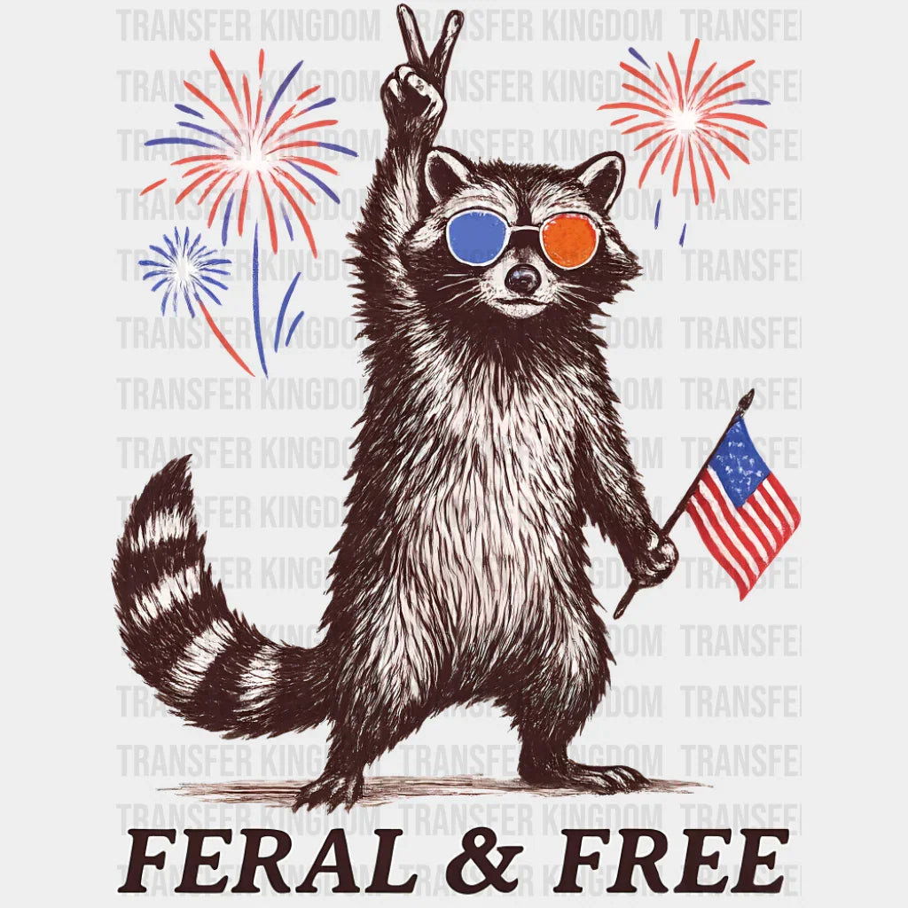 Feral & Free Raccoon Fireworks Design - 4th Of July DTF Transfer Adult Unisex - S & M (10’’) / Dark Color Design (See