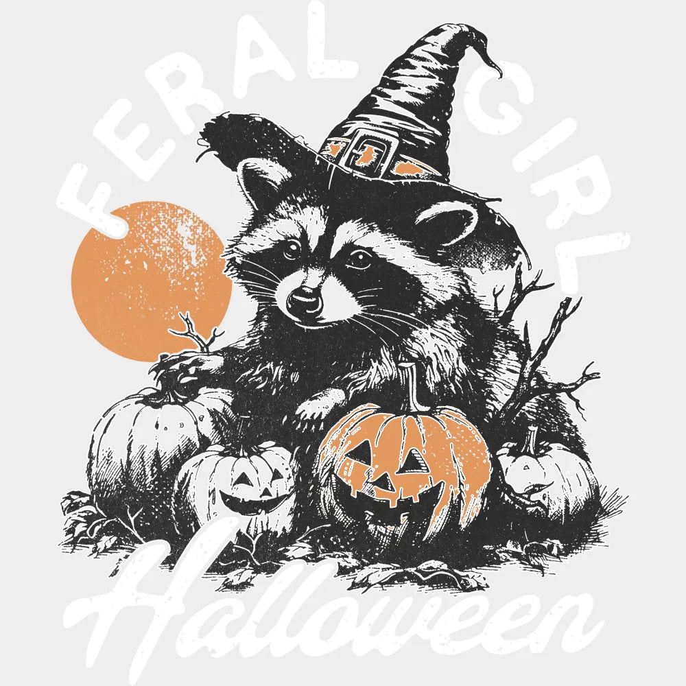 Feral Girl Halloween Raccoon - Halloween DTF Transfer Adult Unisex - S & M (10’’) / Light Color Design (See Imaging)