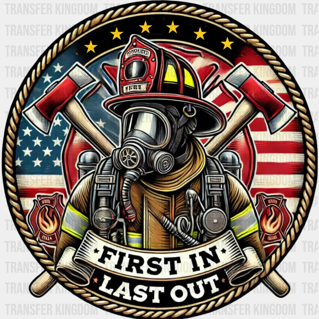 First In Last Out Circular Design - Firefighter Dtf Transfer Unisex S & M (10’’) / Dark Color