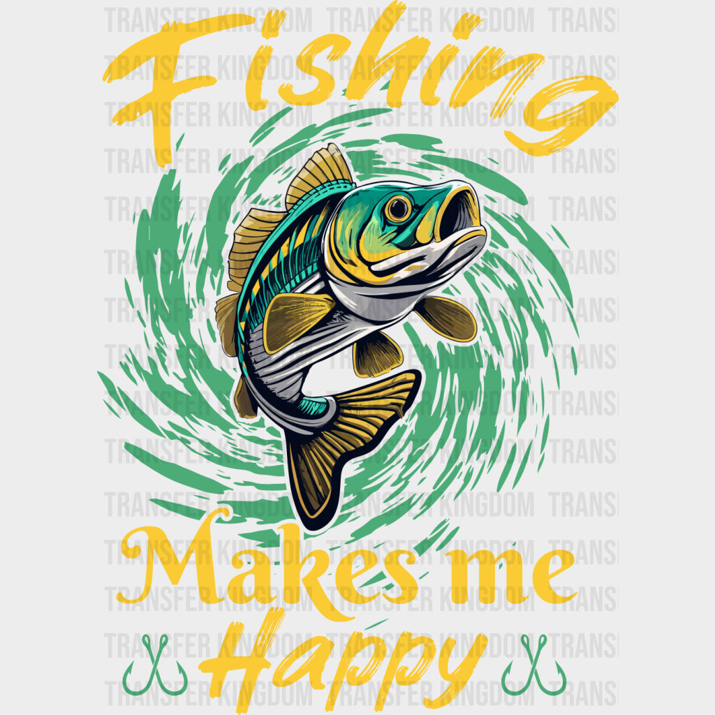 Fishing Makes Me Happy Yellow & Turqouise - Fishing DTF Transfers