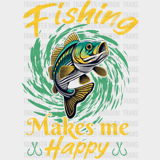 Fishing Makes Me Happy Yellow & Turqouise - Fishing DTF Transfers