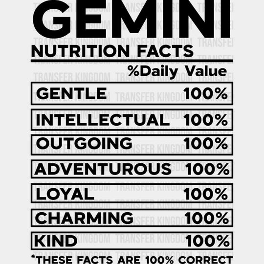 Gemini Nutrition Facts - Zodiac & Horoscopes Dtf Heat Transfer Unisex S M (10’’) / Dark Color