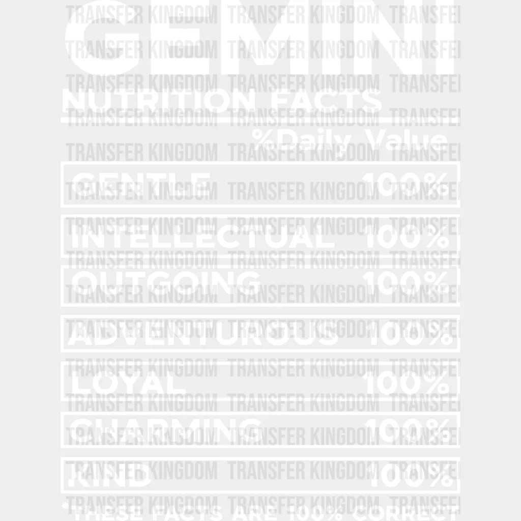 Gemini Nutrition Facts - Zodiac & Horoscopes Dtf Heat Transfer Unisex S M (10’’) / Light Color