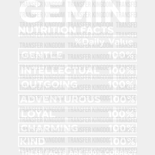 Gemini Nutrition Facts - Zodiac & Horoscopes Dtf Heat Transfer Unisex S M (10’’) / Light Color