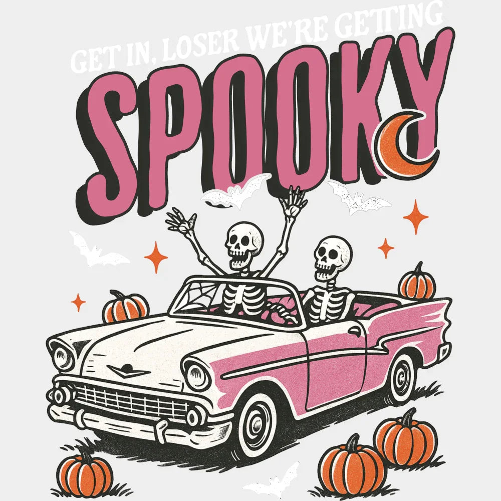 Get In Loser We’re Getting Spooky Pink Car - Halloween DTF Transfer Adult Unisex - S & M (10’’) / Light Color Design