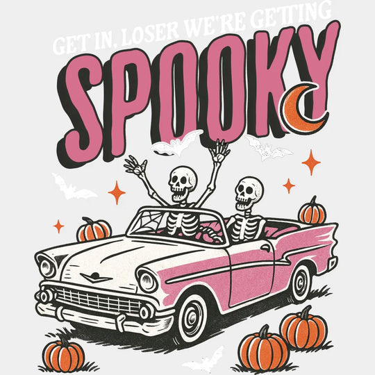 Get In Loser We’re Getting Spooky Pink Car - Halloween DTF Transfer Adult Unisex - S & M (10’’) / Light Color Design