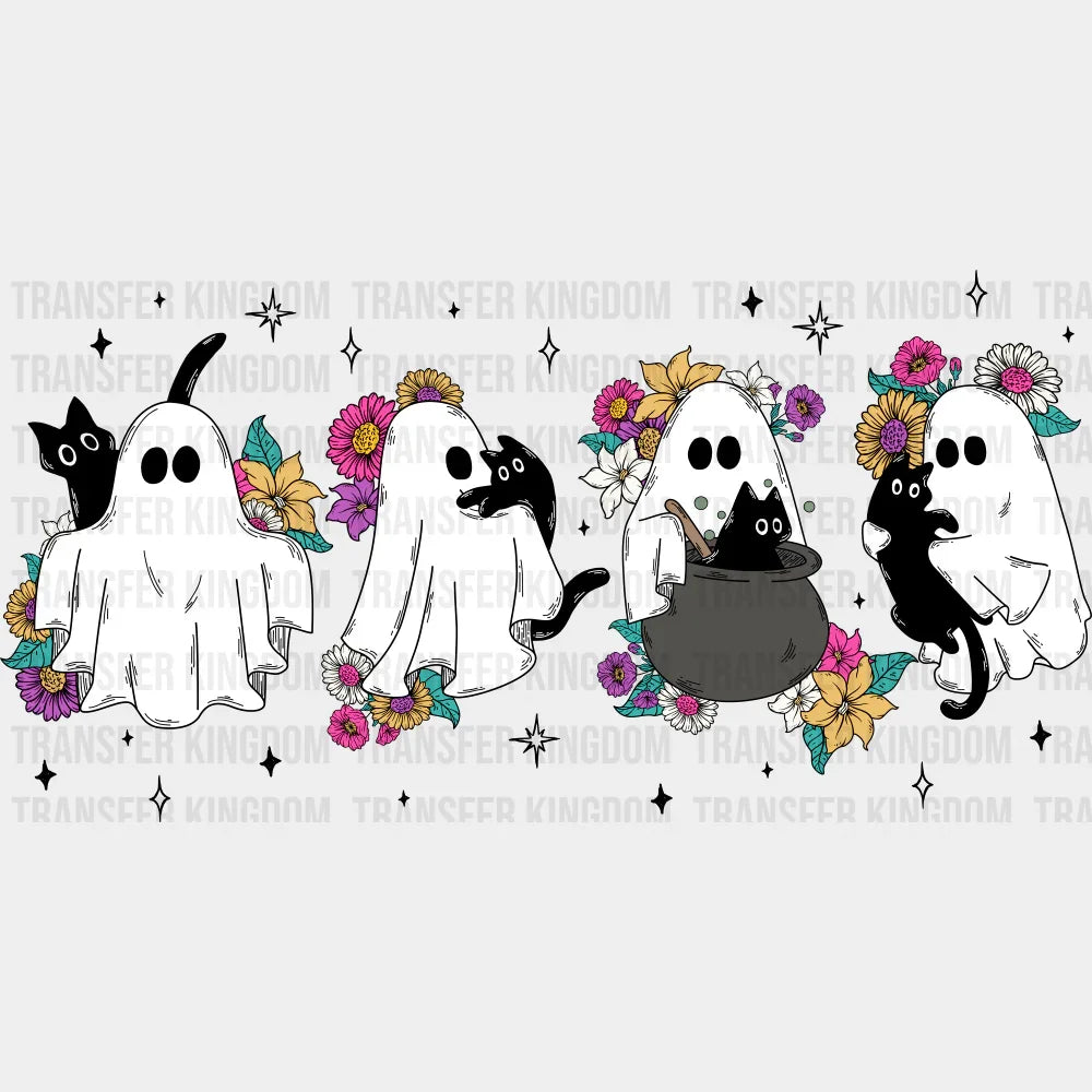 Ghosts Flowers And Cats - Halloween DTF Transfer Adult Unisex - S & M (10’’) / Dark Color Design (See Imaging)