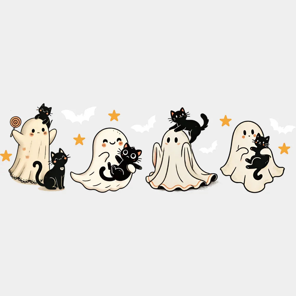 Ghouls And Black Cats Halloween DTF Transfer Adult Unisex S & M (10’’) / Light Color Design (See Imaging)
