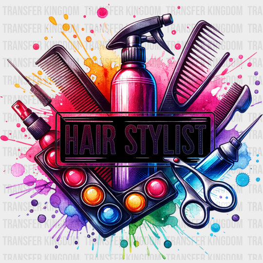 Hair Stylist Colorful Splash - Hair Stylist DTF Transfers Adult Unisex - S & M (10’’) / Dark Color Design (See Imaging)