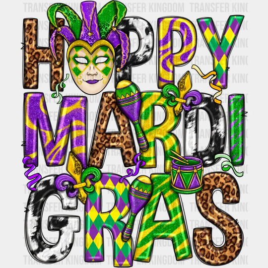 Happy Marti Gras - Mardi Gras DTF Transfer Adult Unisex - S & M (10’’) / Dark Color Design (See Imaging)