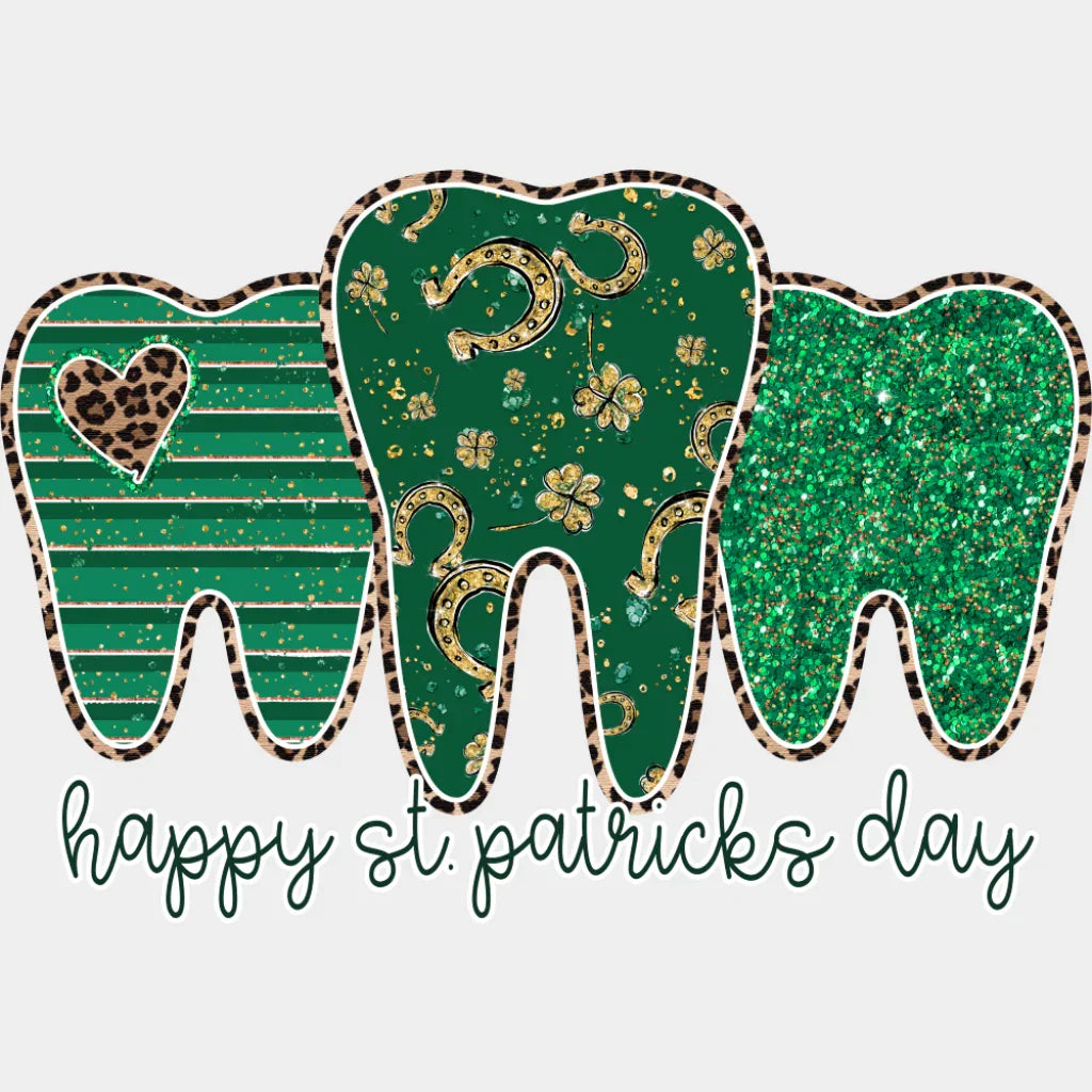 Happy St. Patrick’s Day Green Teeth Design - St. Patrick’s Day DTF Transfer Adult Unisex - S & M (10’’) / Light Color