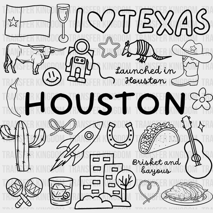 Houston B&W Doodles - States & Cities DTF Transfers