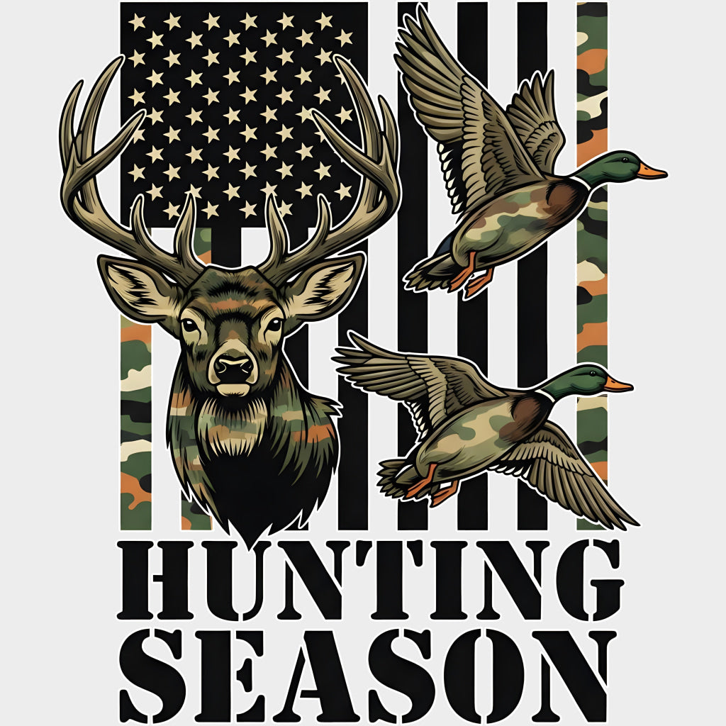 Hunting Season B&W US Flag - Hunting DTF Transfers Adult Unisex - S & M (10’’) / Light Color Design (See Imaging)