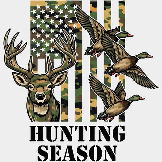 Hunting Season Camo US Flag - Hunting DTF Transfers Adult Unisex - S & M (10’’) / Light Color Design (See Imaging)