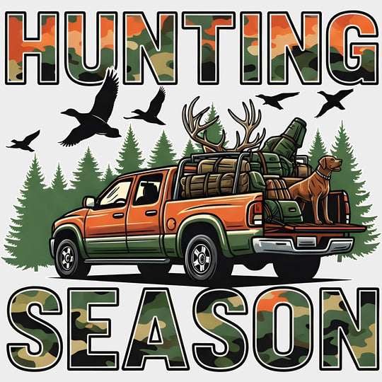 Hunting Season Orange Truck - Hunting DTF Transfers Adult Unisex - S & M (10’’) / Light Color Design (See Imaging)