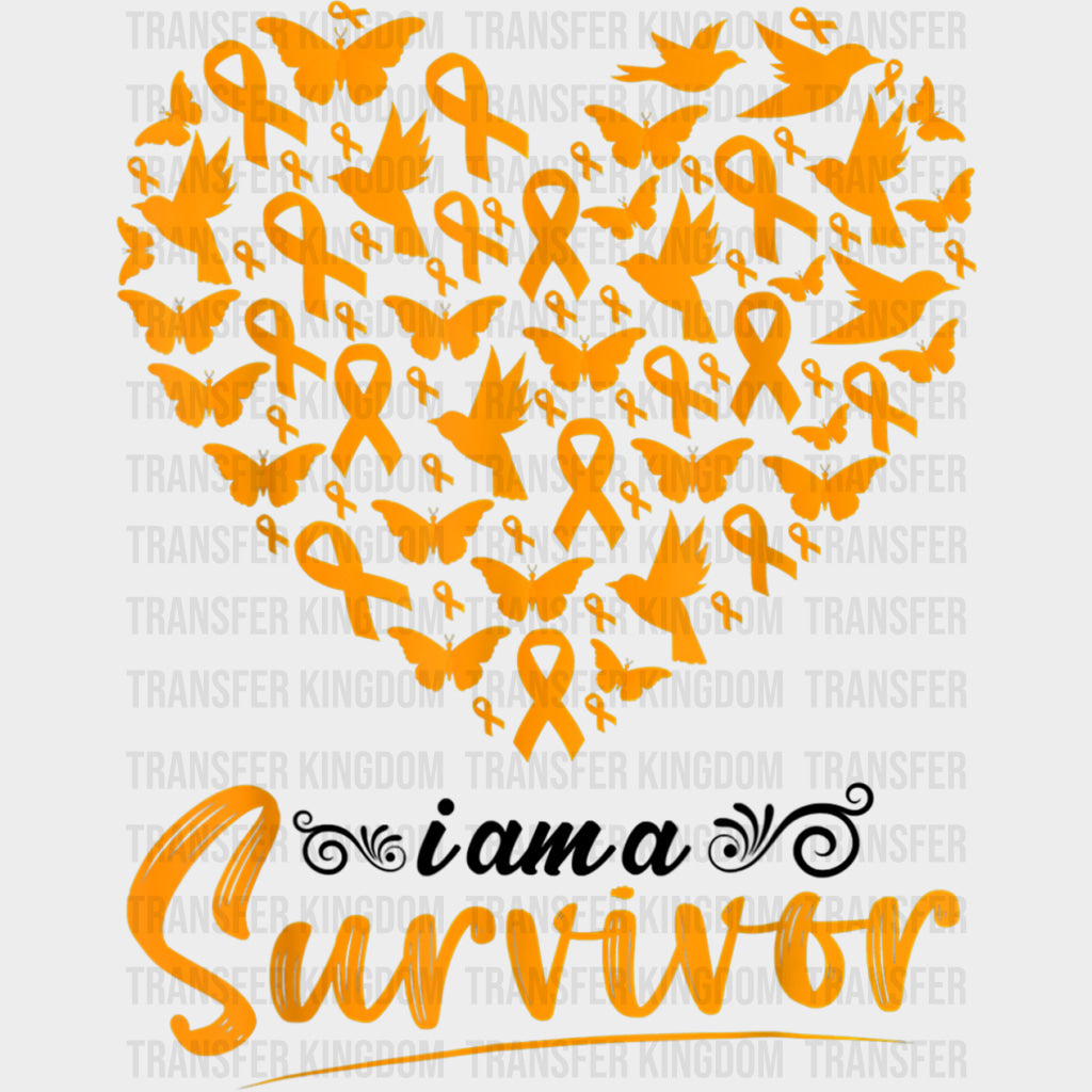 I Am A Survivor Orange Heart Ribbons & Butterflies - Leukemia DTF Transfers Adult Unisex - S & M (10’’) / Dark Color