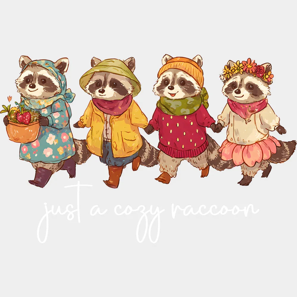 Just A Cozy Raccoon Fall DTF Transfer Adult Unisex S & M (10’’) / Light Color Design (See Imaging)