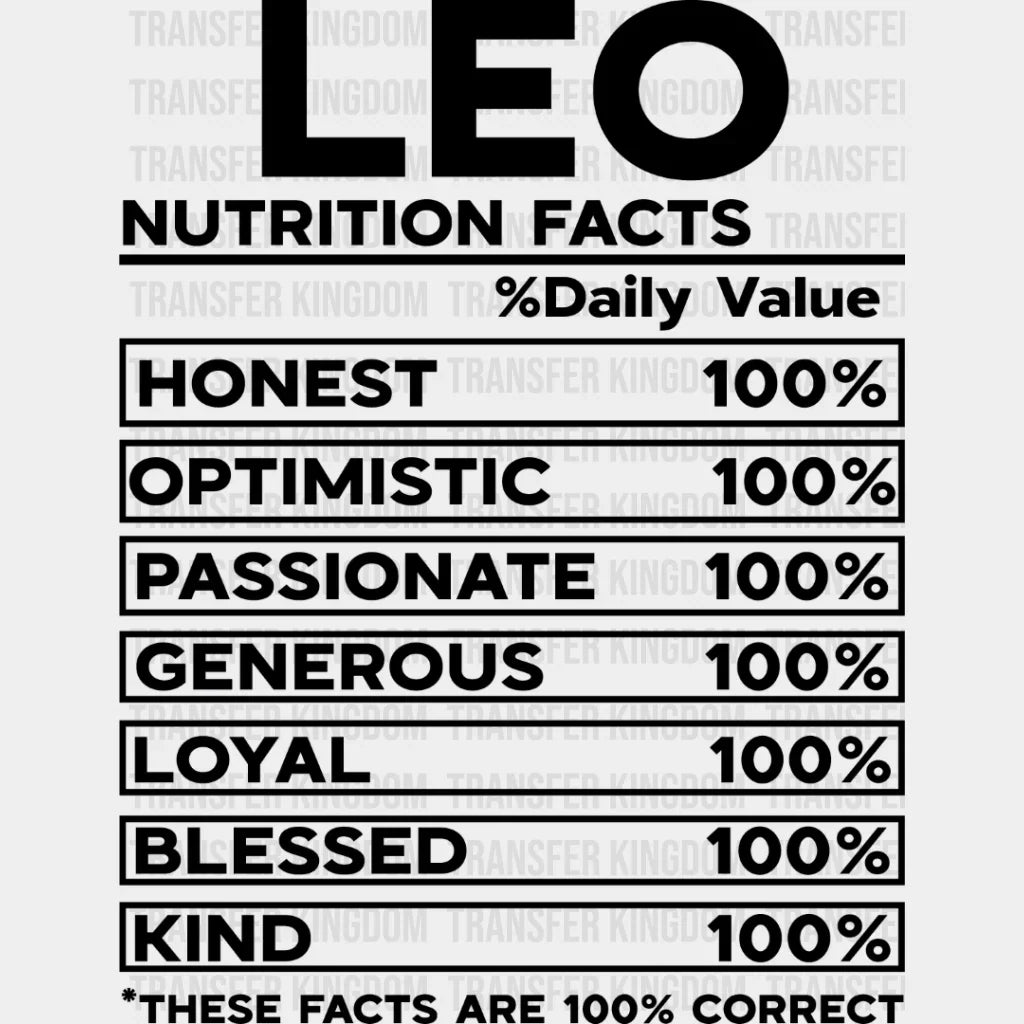 Leo Nutrition Facts - Zodiac & Horoscopes Dtf Heat Transfer Unisex S M (10’’) / Dark Color