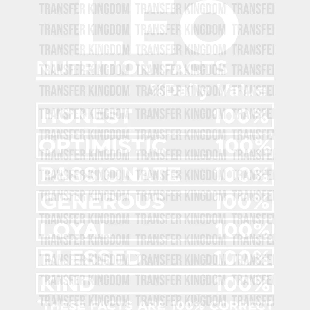 Leo Nutrition Facts - Zodiac & Horoscopes Dtf Heat Transfer Unisex S M (10’’) / Light Color