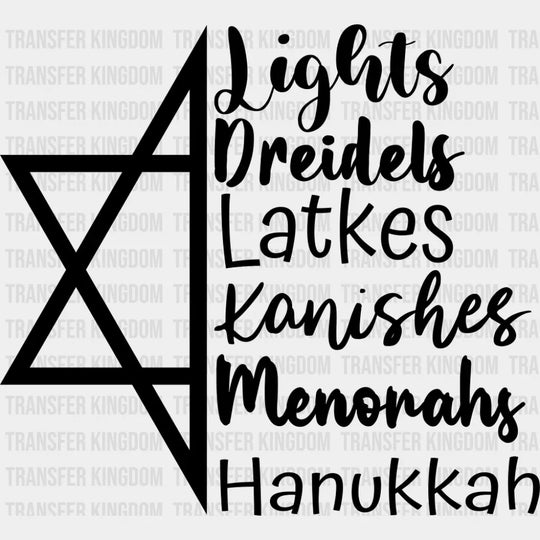 Lights Dreidels Latkes Kanishes Menorahs - Hanukkah DTF Transfer Adult Unisex - S & M (10’’) / Dark Color Design (See