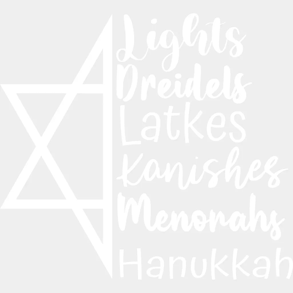 Lights Dreidels Latkes Kanishes Menorahs - Hanukkah DTF Transfer Adult Unisex - S & M (10’’) / Light Color Design (See